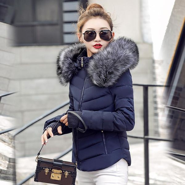 

plus size s-2xl women winter coat fake fur collar woman parka short outwear warm down jacket female 2022, Black