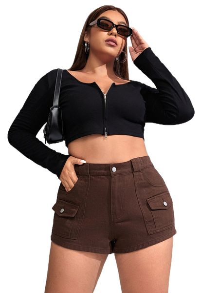 

plus flap pocket denim shorts 27fk#, White;black