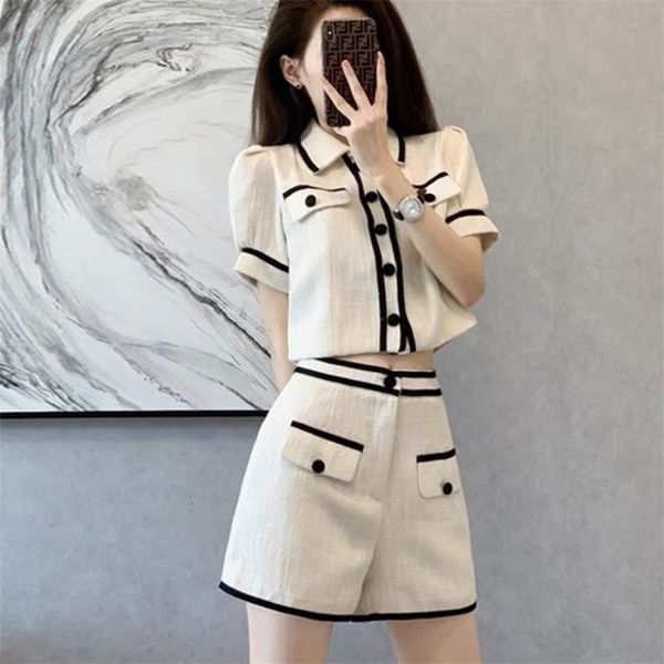 

summer fashion small fragrant two piece sets retro lapel puff sleeve elegant crop and high waist wide leg shorts suit 220611, White