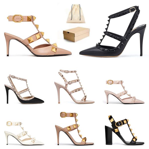 

with box designers high heel dress shoes ankle strap roman stud black nude sliver with rivets womens stiletto chunky heels 60 80 100 mm poin