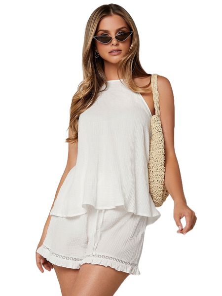 

tie backless halter & guipure lace insert frilled shorts g8xv#, White
