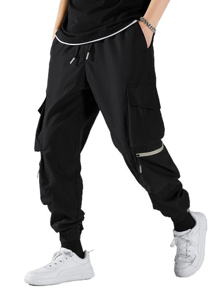 

men drawstring waist cargo pants 12c6#, Black