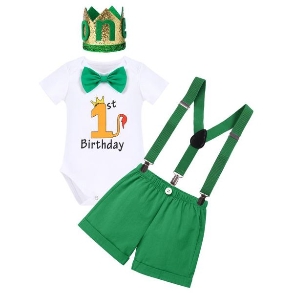 Kleidungssets Baby-Kleidung für Jungen, Cake Smash-Dschungel-Thema, 4-teilige Outfits, alphanumerischer Druck, 1. Geburtstag, Party, Alltagskleidung, Urlaub, Festival, Stoff