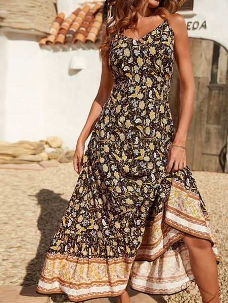 

floral print ruffle hem cami dress s18r#, Black;gray