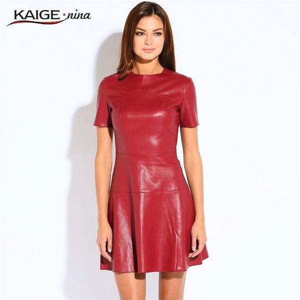 

sale women fashion leather a-line o-neck black dress casual mini short sleeve autumn vestidos pu 2153a 220318, Black;gray