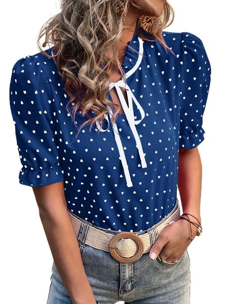 

confetti heart print frill tie neck puff sleeve blouse b3v3#, White