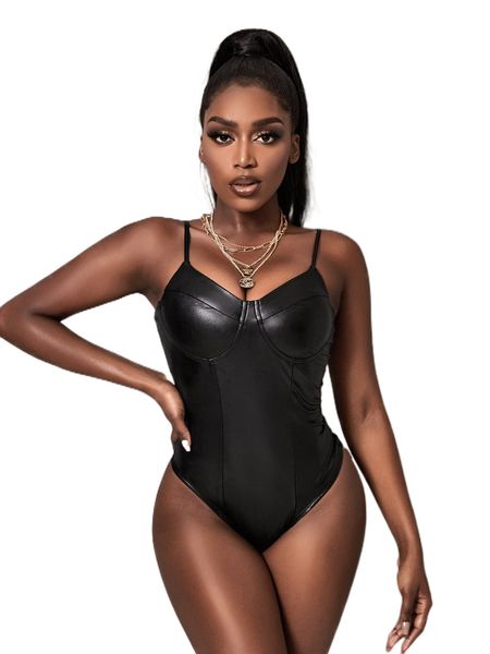 

bustier pu leather cami bodysuit k7r3#, White