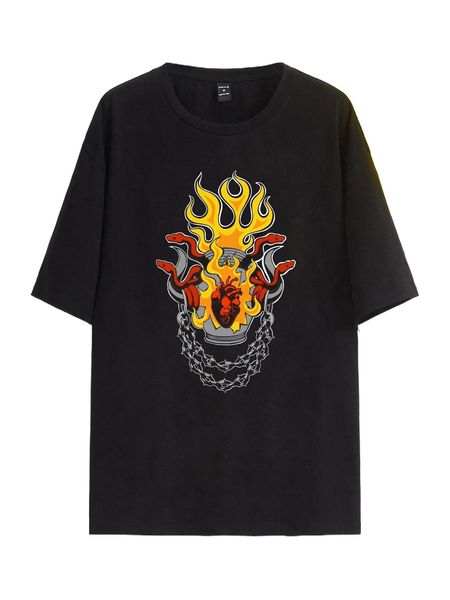 

x forcino illustration men fire & heart print drop shoulder tee a8m1#, White;black