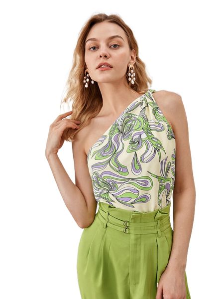 

graphic print twist one shoulder blouse d5c5#, White