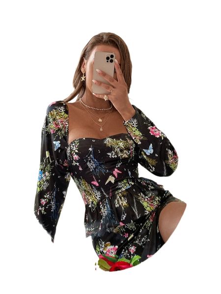 

floral & butterfly print sweetheart neck satin dress n4m7#, Black;gray