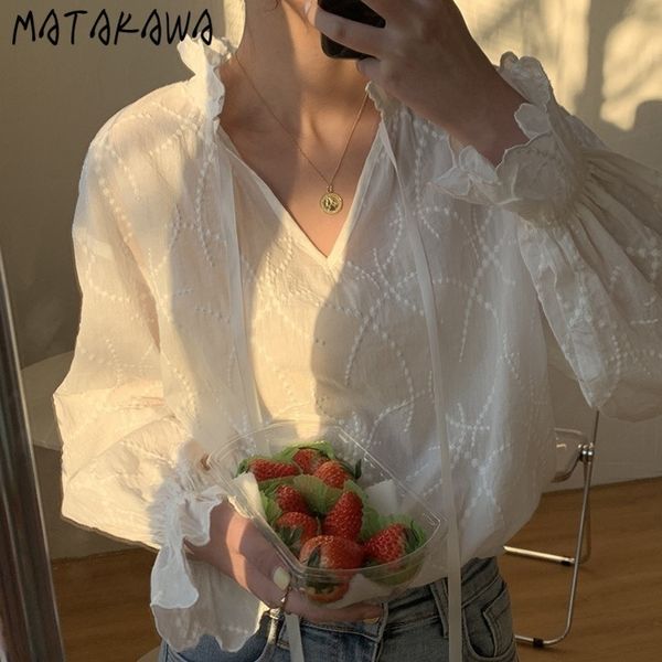 

jacquard lace vneck shirt women spring loose french blouses sweet lantern sleeve blusas mujer de moda 210506, White