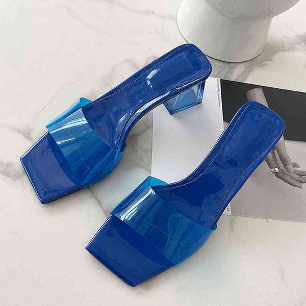 Sommer Hausschuhe Frauen Blau Grün PVC Transparente Schuhe Pantoletten Slides Mode Offene spitze Klar Heels Strand Gelee Sandalen Größe 35 40 220530