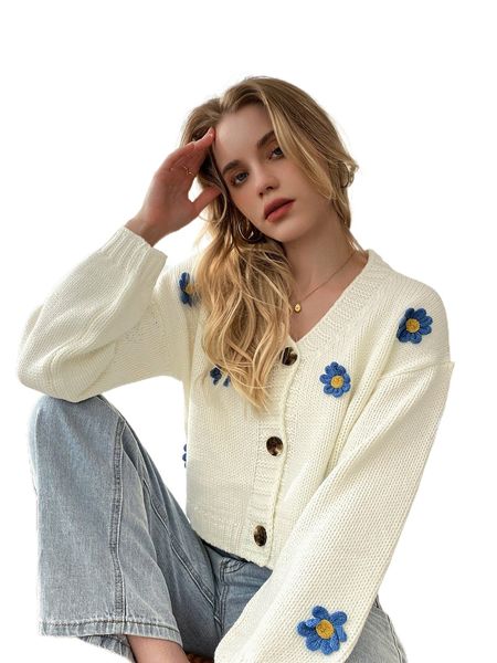 

appliques rib-knit drop shoulder cardigan j08m#, White;black