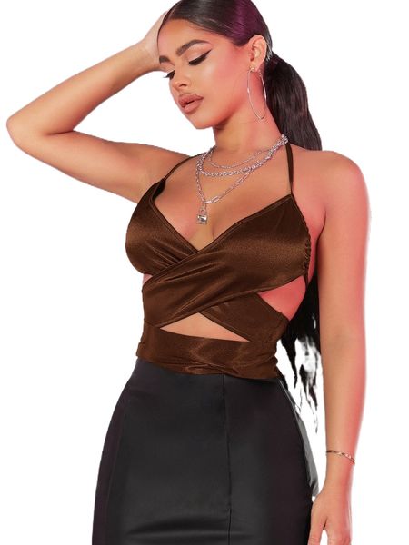 

sxy tied open back cross wrap satin halter z5b8#, White