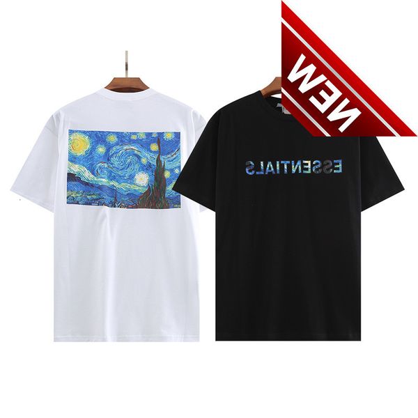 

trendy essentials double line van gogh star fog color letter printing loose short sleeve t-shirt, White;black