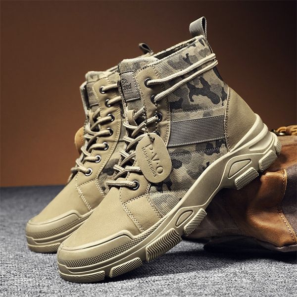 Botas do exército do deserto do tornozelo homens camuflagem de couro ao ar livre Camuflando lona de outono Spring Halk Macho Casual Flat Work Shoes Sneakers Fashion 220813