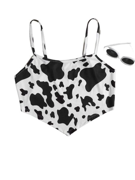 

plus cow print asymmetrical hem cami m1w1#, Black