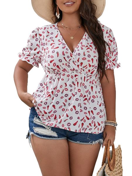 

plus chili & lip print puff sleeve peplum blouse b1gh#, Black