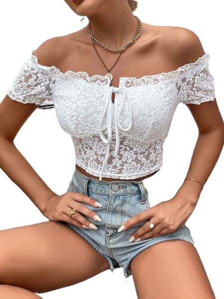 

off shoulder frill trim tie front lace y3p1#, White