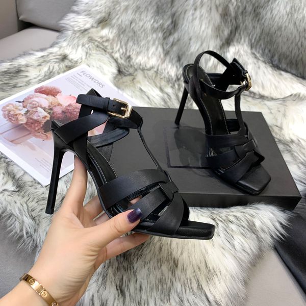 

2022 women tribute sandals in crocodilr-embossed shiny smooth leather high heel sandal slides designer luxury banquet shoes, Black