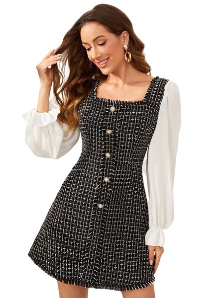 

flounce sleeve raw cut plaid tweed 2 in 1 dress l6sy#, Black;gray