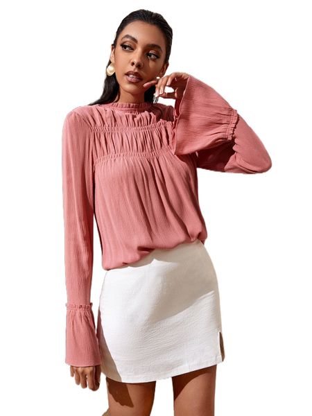 

frilled neck flounce sleeve blouse u2t3#, White