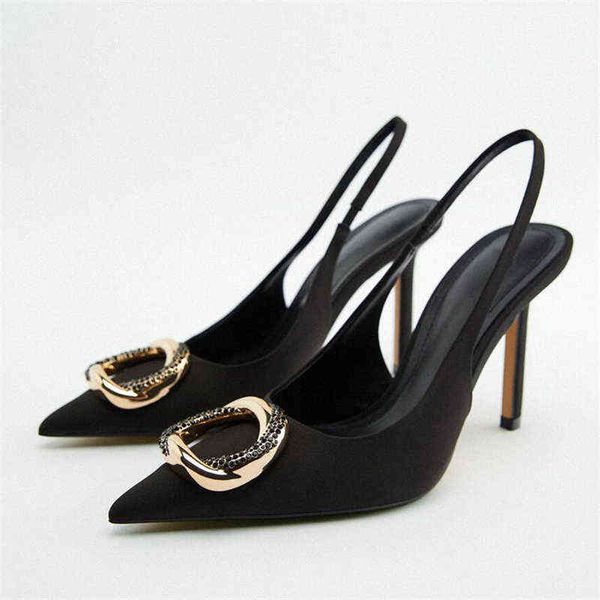 Sandalen Frühling Neue High Heels Schuhe Frau 2022 Schwarz Werden Gold Dekoration Slingback Pumps 220411