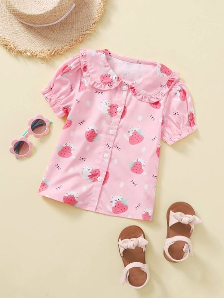 

toddler girls 1pc strawberry and cat print peter pan collar blouse she, White;black