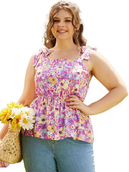 

sbetro plus floral print tie shoulder peplum cami g5ag#, Black