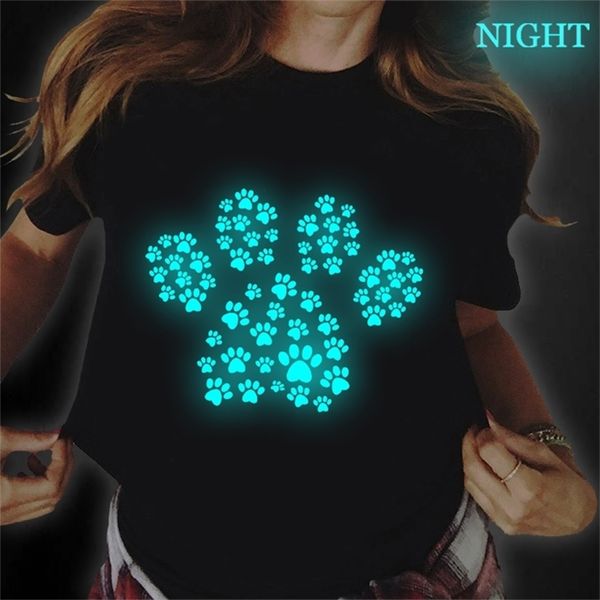 

women graphic paws funny clothing 90s ladies glowing clothes lady tees female t shirt dog paw luminous womens t-shirt 220705, White