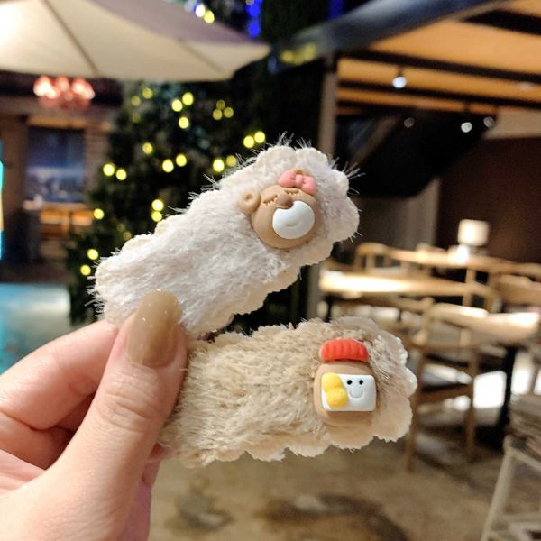 

korean bear bottle net red girl bb edge clip cute plush hairpin autumn and winter hair accessories, Slivery;white