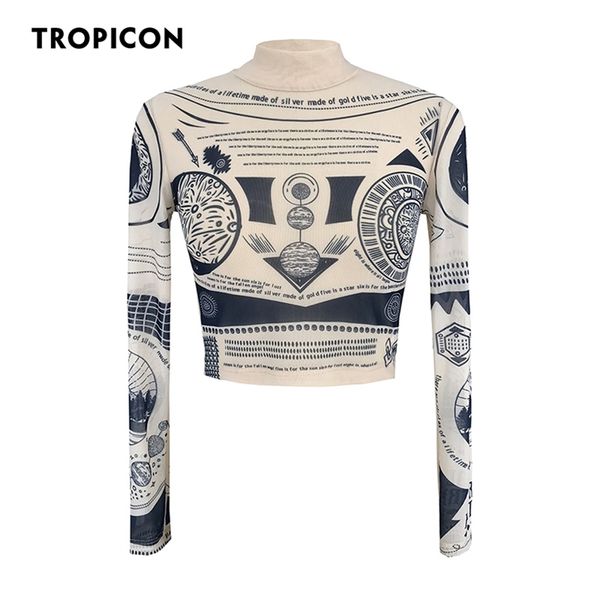 Tropicon Tattoo Mesh Crop Top Manga Longa Tees Graphic T Camisetas Mulheres vêem por meio de camiseta estética da Bodycon de alta moda 220516