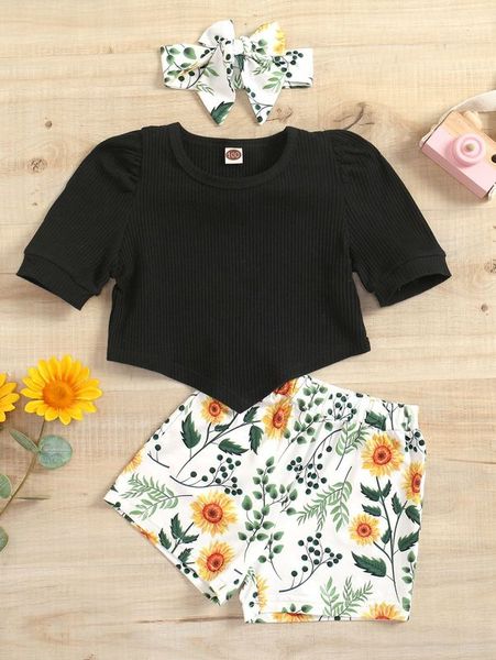 

toddler girls hanky hem tee & floral print skirt & headband she, White