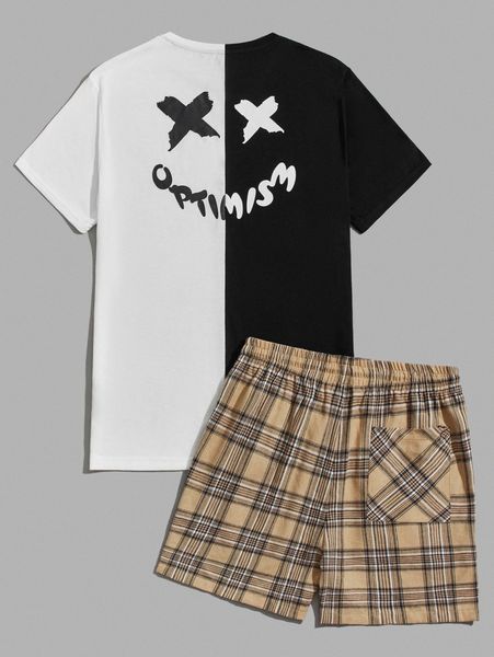 

men letter & expression print tee & plaid patched pocket shorts 8611#, Gray