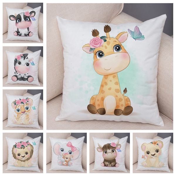 Travesseiro de travesseiro girafa fofa leão vaca travesseiro decoração desenho animado animal tampa de almofada de almofada de pelúcia macia para crianças Sofá da sala Home 220714