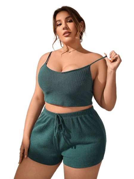 

plus rib-knit knot waist cami pj set f1op#, Black;white