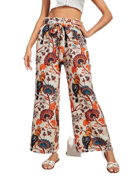 

floral & bird print belted pants 67tp#, Black;white