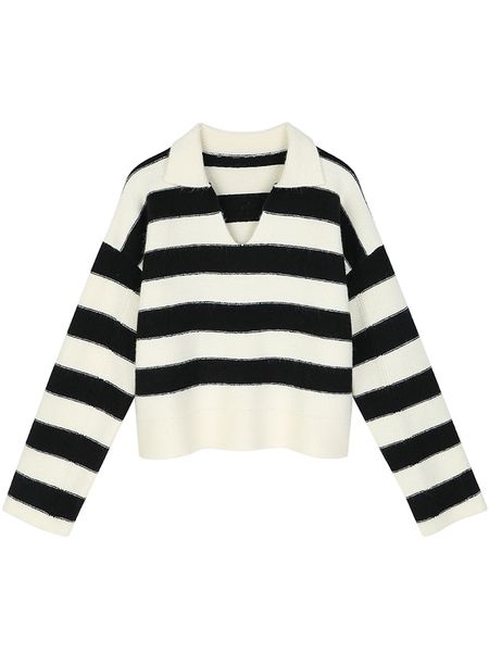 

women 2022 fashion striped polo collar loose knit sweater retro long sleeve pullover streetwear top, White;black