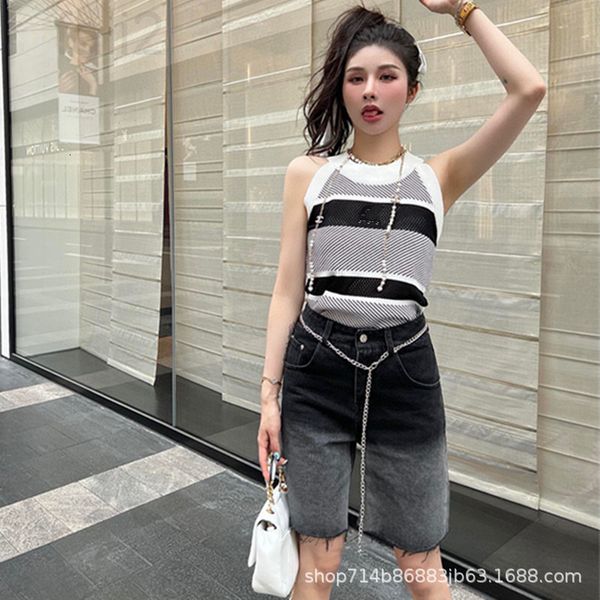 

two piece dress designer gradient wide leg jeans women's denim cropped shorts suspender vest round neck two piece suit women cfgj, White