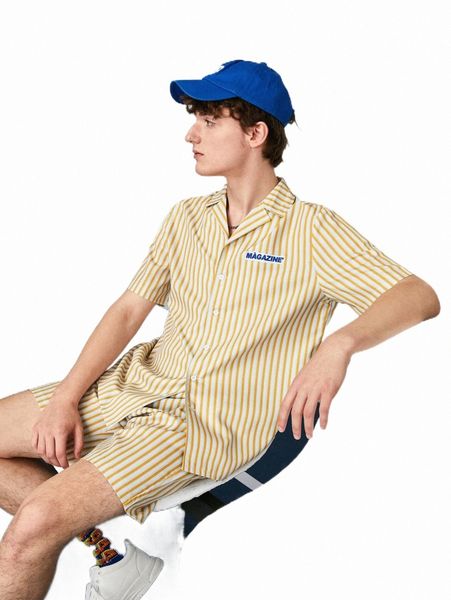 

men striped print letter patched shirt & shorts r4xm#, Gray