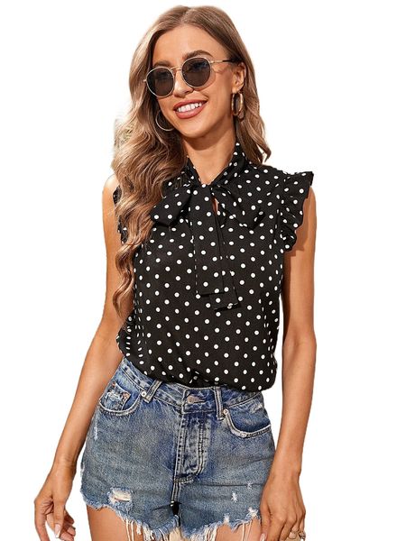 

polka dot tie neck flutter sleeve blouse y0dn#, White