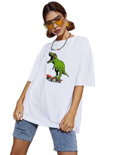 

dinosaur and skateboard print drop shoulder tee q3qj#, White