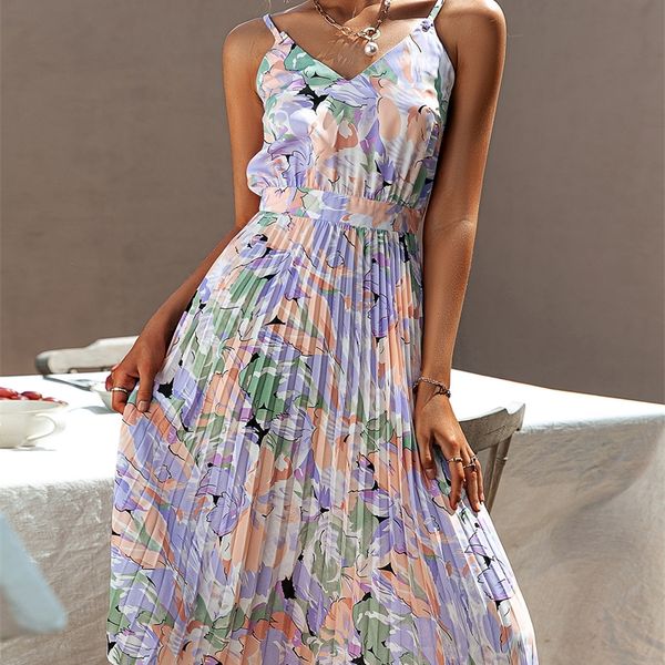 

v-neck holiday pleated print summer dres spaghetti straps floral beach sundress casual female vestidos 220516, Black;gray