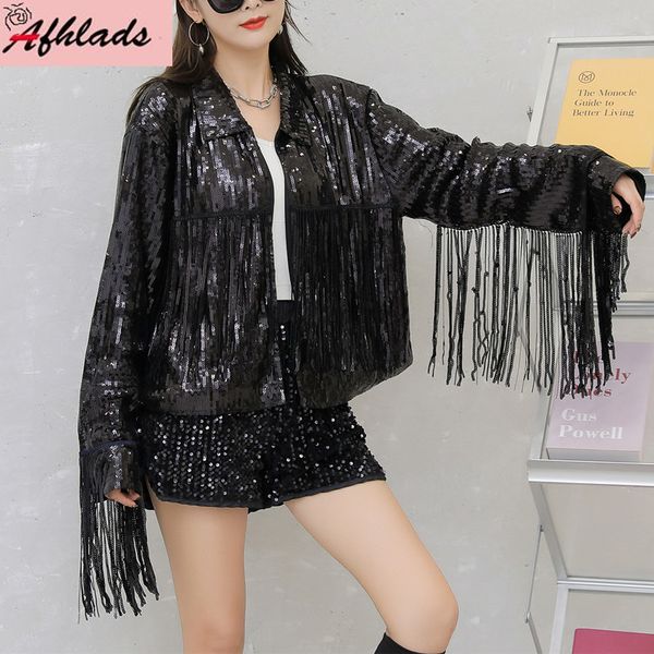

solid color streetwear hip hop sequins jackets tassel patchwork coat round neck outerwear long sleeve women loose coats 220815, Black;brown