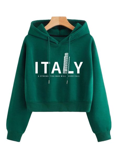 

slogan graphic drawstring crop hoodie x06s#, Black