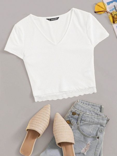 

v-neck lace hem rib-knit tee j49e#, White