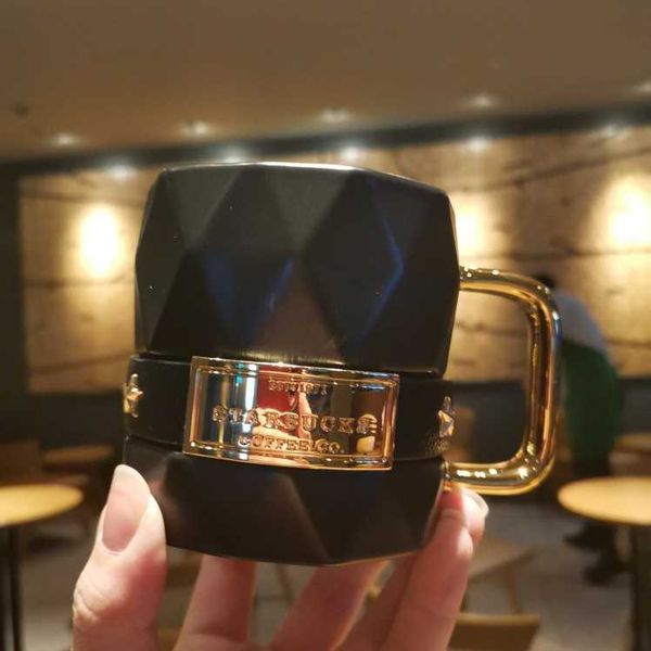 

starbucks limited coffee cup 285ml classic black gold ribbed mug fashion nameplate ring office cup