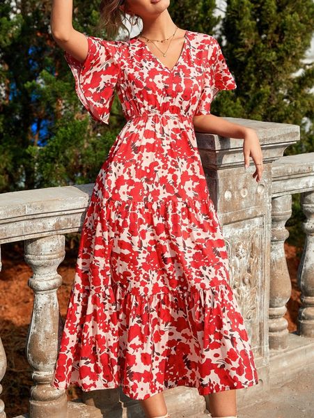 

allover floral print butterfly sleeve ruffle hem dress 48bn#, Black;gray