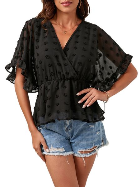 

swiss dot batwing sleeve peplum blouse w3aq#, White