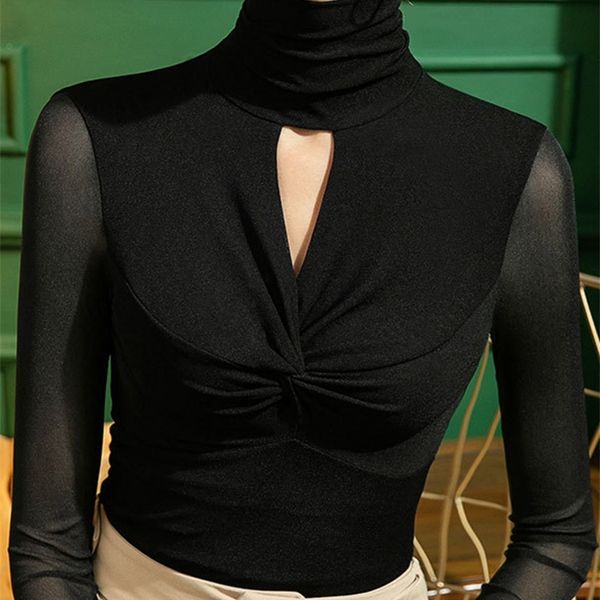 

autumn high collar mesh bottomed shirt female slim fit with hollow long sleeve t-shirt dance dress 220321, White